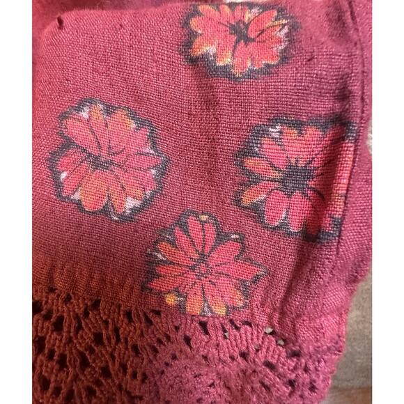 Vtg 90s Y2K Stamp Maxi‎ Dress Long Sleeve Travel Lagenlook Maroon Cottagecore M - Picture 4 of 16